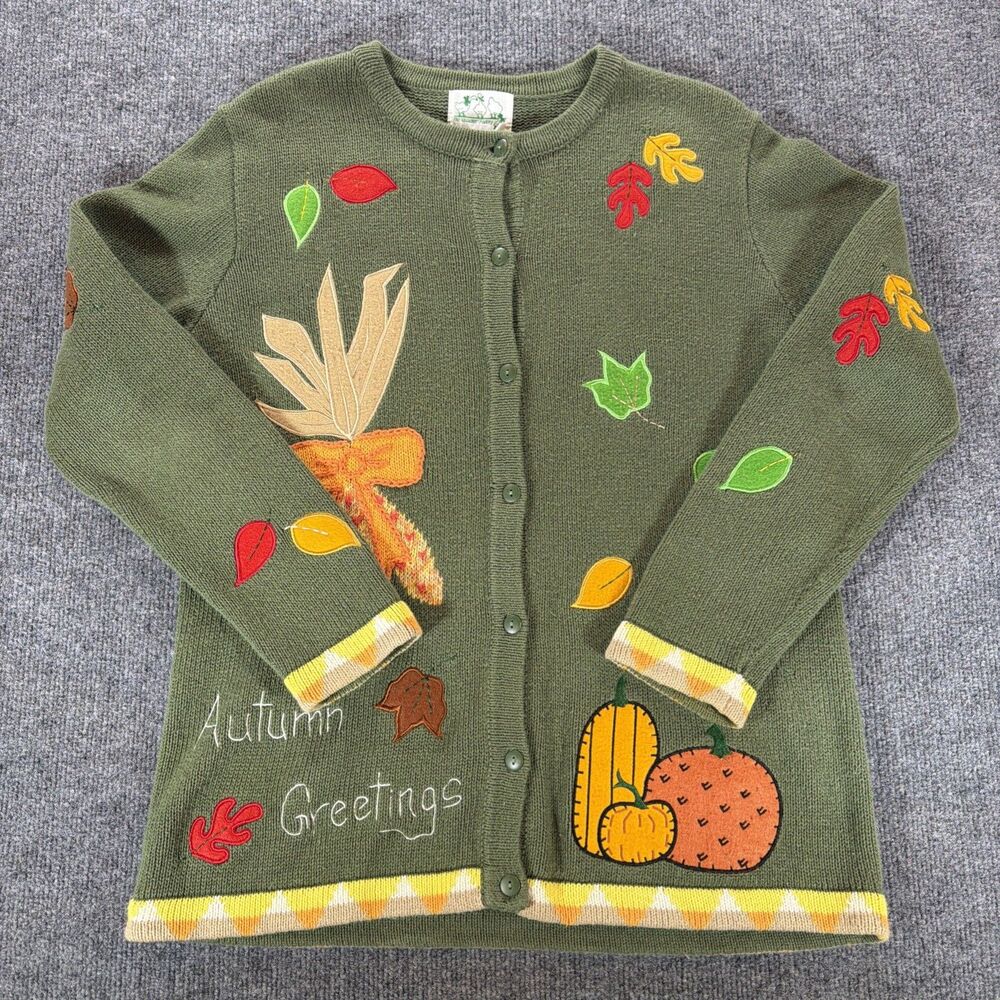 The Quacker Factory Autumn Greetings Womens S Cardigan Sweater Fall Pumpkins VTG